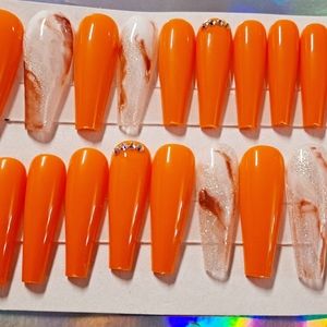 Press on nails orange marble glitter design